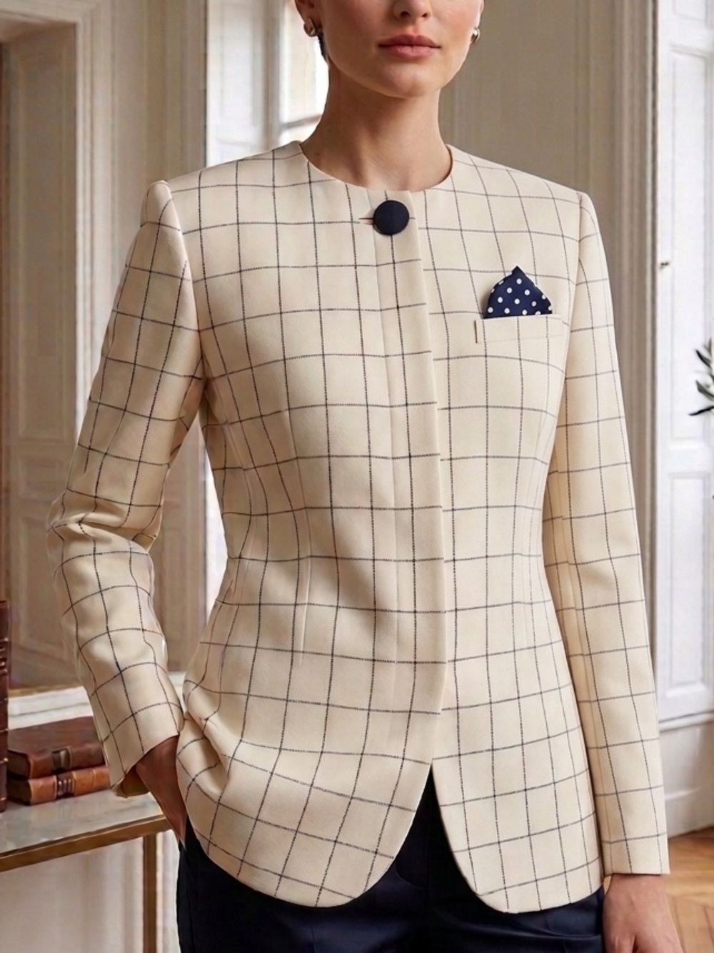 Jacqueline Ferrar Cream Windowpane Collarless Blazer